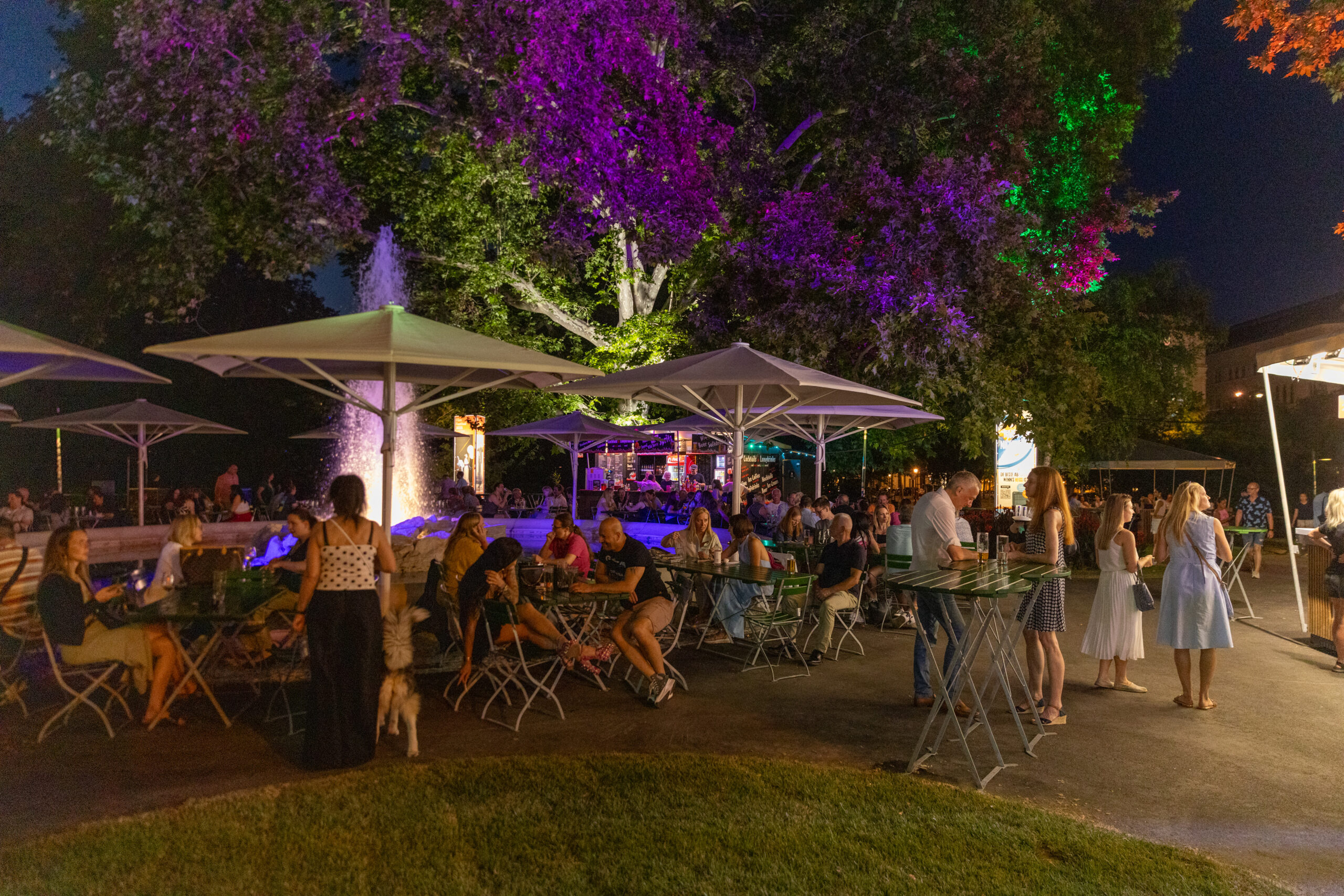 Aufnahme vom Gastronomiebetrieb im Rathauspark bei Dunkelheit