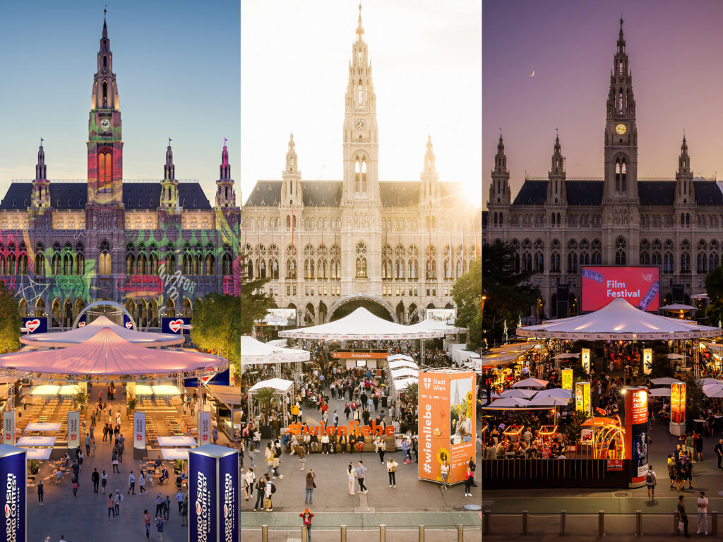 Zusammenschnitt dreier Bilder, die Eurovision Village, Wienliebe Festival und Film Festival zeigen.